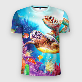 Мужская футболка 3D спортивная с принтом Морские черепахи в Тюмени, 100% полиэстер с улучшенными характеристиками | приталенный силуэт, круглая горловина, широкие плечи, сужается к линии бедра | коралловые | море | морские | океан | подводный мир | рифы | рыбки | рыбы | черепахи