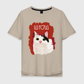 Мужская футболка хлопок Oversize с принтом котик ШТОШ , 100% хлопок | свободный крой, круглый ворот, “спинка” длиннее передней части | Тематика изображения на принте: кот | меме | прикол | штош | юмор