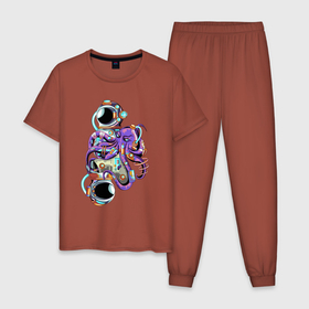 Мужская пижама хлопок с принтом Осьминог и Космонавт в Новосибирске, 100% хлопок | брюки и футболка прямого кроя, без карманов, на брюках мягкая резинка на поясе и по низу штанин
 | cute | octopus | космонавт | милый | осьминог | осьминожка | тентакли