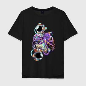 Мужская футболка хлопок Oversize с принтом Осьминог и Космонавт в Санкт-Петербурге, 100% хлопок | свободный крой, круглый ворот, “спинка” длиннее передней части | cute | octopus | космонавт | милый | осьминог | осьминожка | тентакли