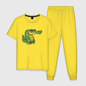 Мужская пижама хлопок с принтом Недовольный крокодил в Тюмени, 100% хлопок | брюки и футболка прямого кроя, без карманов, на брюках мягкая резинка на поясе и по низу штанин
 | alligator | crocodile | reptile | аллигатор | крокодил | крокодильчик