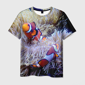Мужская футболка 3D с принтом Клоуны в актинии в Екатеринбурге, 100% полиэфир | прямой крой, круглый вырез горловины, длина до линии бедер | актиния | клоуны | коралловые | море | подводный мир | рыбки