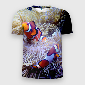 Мужская футболка 3D Slim с принтом Клоуны в актинии в Екатеринбурге, 100% полиэстер с улучшенными характеристиками | приталенный силуэт, круглая горловина, широкие плечи, сужается к линии бедра | актиния | клоуны | коралловые | море | подводный мир | рыбки