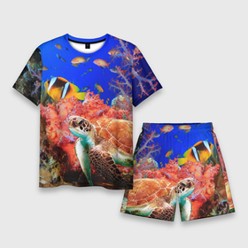 Мужской костюм с шортами 3D с принтом Морская черепаха ,  |  | Тематика изображения на принте: кораллы | море | морская черепаха | подводный мир | рыбки