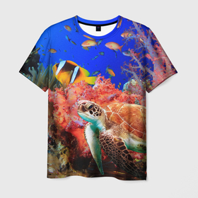 Мужская футболка 3D с принтом Морская черепаха в Курске, 100% полиэфир | прямой крой, круглый вырез горловины, длина до линии бедер | кораллы | море | морская черепаха | подводный мир | рыбки