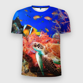 Мужская футболка 3D Slim с принтом Морская черепаха в Санкт-Петербурге, 100% полиэстер с улучшенными характеристиками | приталенный силуэт, круглая горловина, широкие плечи, сужается к линии бедра | кораллы | море | морская черепаха | подводный мир | рыбки