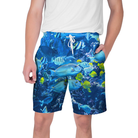 Мужские шорты 3D с принтом Коралловые рыбки ,  полиэстер 100% | прямой крой, два кармана без застежек по бокам. Мягкая трикотажная резинка на поясе, внутри которой широкие завязки. Длина чуть выше колен | коралловые | море | подводный мир | рыбки