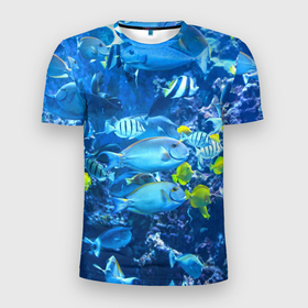 Мужская футболка 3D Slim с принтом Коралловые рыбки , 100% полиэстер с улучшенными характеристиками | приталенный силуэт, круглая горловина, широкие плечи, сужается к линии бедра | Тематика изображения на принте: коралловые | море | подводный мир | рыбки