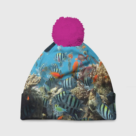 Шапка 3D c помпоном с принтом Коралловые рыбки в Курске, 100% полиэстер | универсальный размер, печать по всей поверхности изделия | коралловые | кораллы | море | подводный мир | рыбки
