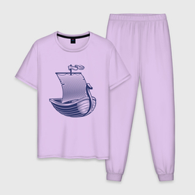 Мужская пижама хлопок с принтом Парусная лодка в Тюмени, 100% хлопок | брюки и футболка прямого кроя, без карманов, на брюках мягкая резинка на поясе и по низу штанин
 | sailboat | кораблик | корабль | лодка | парус | парусная лодка | тату | татуировка