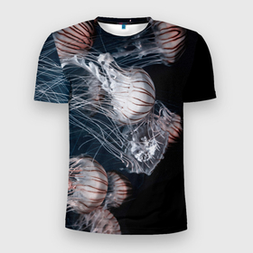 Мужская футболка 3D Slim с принтом Медузы в Новосибирске, 100% полиэстер с улучшенными характеристиками | приталенный силуэт, круглая горловина, широкие плечи, сужается к линии бедра | глубина | медузы | море | морские обитатели | океан | подводный мир