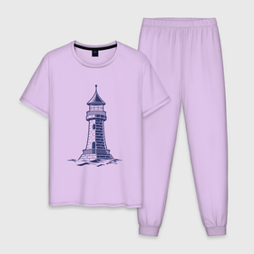 Мужская пижама хлопок с принтом Маяк в Санкт-Петербурге, 100% хлопок | брюки и футболка прямого кроя, без карманов, на брюках мягкая резинка на поясе и по низу штанин
 | маяк | море | морское | моряк | навигация | побережье