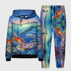 Мужской костюм 3D (с толстовкой) с принтом Киты и дельфины ,  |  | Тематика изображения на принте: горы | дельфины | закат солнца | киты | кораллы | море | океан | подводный мир