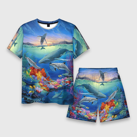 Мужской костюм с шортами 3D с принтом Киты и дельфины ,  |  | горы | дельфины | закат солнца | киты | кораллы | море | океан | подводный мир