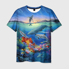 Мужская футболка 3D с принтом Киты и дельфины в Курске, 100% полиэфир | прямой крой, круглый вырез горловины, длина до линии бедер | горы | дельфины | закат солнца | киты | кораллы | море | океан | подводный мир