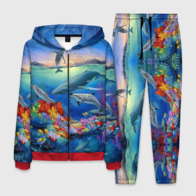 Мужской костюм 3D с принтом Киты и дельфины в Санкт-Петербурге, 100% полиэстер | Манжеты и пояс оформлены тканевой резинкой, двухслойный капюшон со шнурком для регулировки, карманы спереди | горы | дельфины | закат солнца | киты | кораллы | море | океан | подводный мир