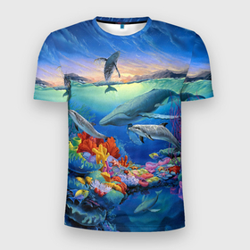Мужская футболка 3D Slim с принтом Киты и дельфины в Новосибирске, 100% полиэстер с улучшенными характеристиками | приталенный силуэт, круглая горловина, широкие плечи, сужается к линии бедра | горы | дельфины | закат солнца | киты | кораллы | море | океан | подводный мир