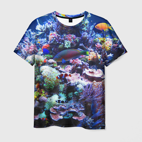 Мужская футболка 3D с принтом Коралловые рыбки в Петрозаводске, 100% полиэфир | прямой крой, круглый вырез горловины, длина до линии бедер | Тематика изображения на принте: коралловые | кораллы | море | морские обитатели | океан | подводный мир | рыбки