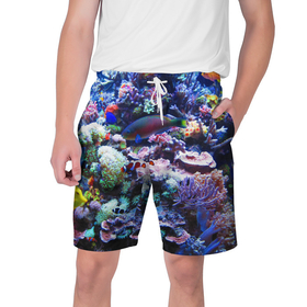 Мужские шорты 3D с принтом Коралловые рыбки ,  полиэстер 100% | прямой крой, два кармана без застежек по бокам. Мягкая трикотажная резинка на поясе, внутри которой широкие завязки. Длина чуть выше колен | коралловые | кораллы | море | морские обитатели | океан | подводный мир | рыбки