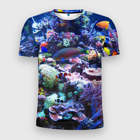 Мужская футболка 3D Slim с принтом Коралловые рыбки в Новосибирске, 100% полиэстер с улучшенными характеристиками | приталенный силуэт, круглая горловина, широкие плечи, сужается к линии бедра | коралловые | кораллы | море | морские обитатели | океан | подводный мир | рыбки