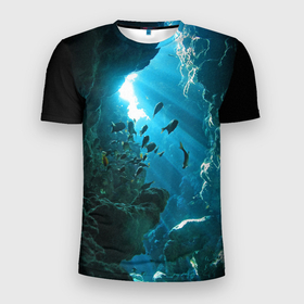 Мужская футболка 3D Slim с принтом Коралловые рыбки в Петрозаводске, 100% полиэстер с улучшенными характеристиками | приталенный силуэт, круглая горловина, широкие плечи, сужается к линии бедра | Тематика изображения на принте: коралловые | кораллы | море | морские обитатели | океан | подводный мир | рыбки