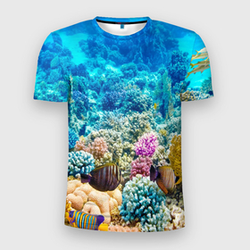 Мужская футболка 3D спортивная с принтом Риф в Екатеринбурге, 100% полиэстер с улучшенными характеристиками | приталенный силуэт, круглая горловина, широкие плечи, сужается к линии бедра | коралловый риф | полосатые рыбы | риф | рыбы | сказочный риф