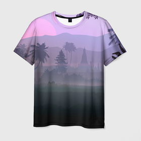 Мужская футболка 3D с принтом forest at sunset в Курске, 100% полиэфир | прямой крой, круглый вырез горловины, длина до линии бедер | forest | mountains | sunset