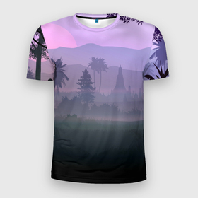 Мужская футболка 3D спортивная с принтом forest at sunset в Тюмени, 100% полиэстер с улучшенными характеристиками | приталенный силуэт, круглая горловина, широкие плечи, сужается к линии бедра | forest | mountains | sunset