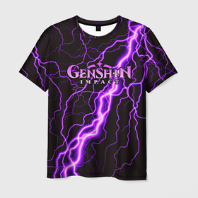 Мужская футболка 3D с принтом GENSHIN IMPACT МОЛНИЯ НЕОН в Екатеринбурге, 100% полиэфир | прямой крой, круглый вырез горловины, длина до линии бедер | genshin impact | neon | гениш импакт | генши импакт | геншин импакт | игра | молния | неон