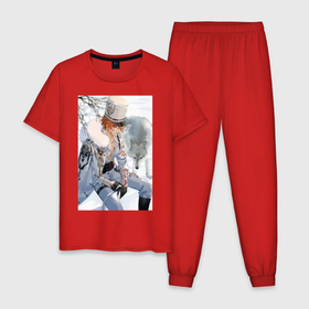 Мужская пижама хлопок с принтом Tartaglia в Екатеринбурге, 100% хлопок | брюки и футболка прямого кроя, без карманов, на брюках мягкая резинка на поясе и по низу штанин
 | art | fanart | game | genshin | impact | tartaglia | арт | тарталья | фан