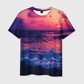 Мужская футболка 3D с принтом Закат на берегу , 100% полиэфир | прямой крой, круглый вырез горловины, длина до линии бедер | берег | волны | закат | море | пляж