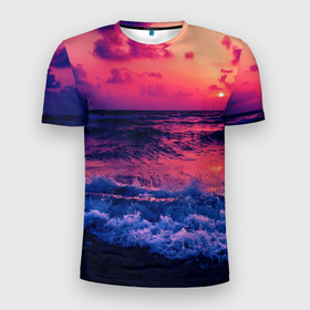 Мужская футболка 3D спортивная с принтом Закат на берегу , 100% полиэстер с улучшенными характеристиками | приталенный силуэт, круглая горловина, широкие плечи, сужается к линии бедра | берег | волны | закат | море | пляж