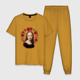 Мужская пижама хлопок с принтом Renaissance Maiden в Курске, 100% хлопок | брюки и футболка прямого кроя, без карманов, на брюках мягкая резинка на поясе и по низу штанин
 | renaissance | девушка | искусство | картина | ренессанс | цветы