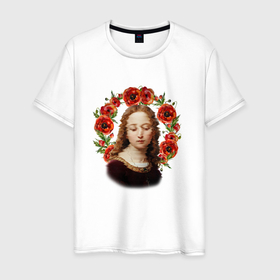 Мужская футболка хлопок с принтом Renaissance Maiden в Курске, 100% хлопок | прямой крой, круглый вырез горловины, длина до линии бедер, слегка спущенное плечо. | renaissance | девушка | искусство | картина | ренессанс | цветы