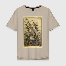 Мужская футболка хлопок Oversize с принтом кракен в Санкт-Петербурге, 100% хлопок | свободный крой, круглый ворот, “спинка” длиннее передней части | ocean | sea | sea animal | винтаж | графика | кальмар | кораблекрушение | корабль | кракен | море | океан | осьминог | рисунок | средневековье