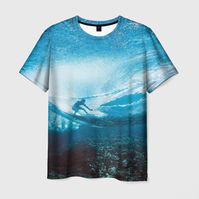 Мужская футболка 3D с принтом Под водой в Екатеринбурге, 100% полиэфир | прямой крой, круглый вырез горловины, длина до линии бедер | море | морская волна | океан | под водой | серфер | серфинг
