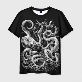 Мужская футболка 3D с принтом Кракен Монстр в Санкт-Петербурге, 100% полиэфир | прямой крой, круглый вырез горловины, длина до линии бедер | animal | beast | kraken | monster | ocean | octopus | sea | ship | water | вода | животные | звери | корабль | кракен | монстр | море | океан | осьминог | рыбы | щупальца