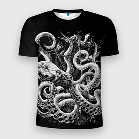 Мужская футболка 3D спортивная с принтом Кракен Монстр в Белгороде, 100% полиэстер с улучшенными характеристиками | приталенный силуэт, круглая горловина, широкие плечи, сужается к линии бедра | Тематика изображения на принте: animal | beast | kraken | monster | ocean | octopus | sea | ship | water | вода | животные | звери | корабль | кракен | монстр | море | океан | осьминог | рыбы | щупальца