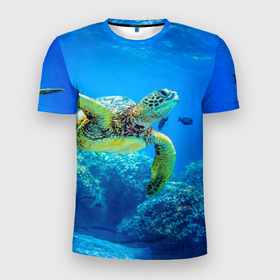 Мужская футболка 3D спортивная с принтом Морская черепаха в Кировске, 100% полиэстер с улучшенными характеристиками | приталенный силуэт, круглая горловина, широкие плечи, сужается к линии бедра | Тематика изображения на принте: морская черепаха | океан | подводный мир | черепаха