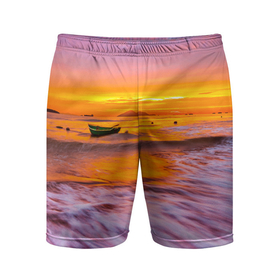 Мужские шорты спортивные с принтом Закат на пляже в Кировске,  |  | закат | лето | лодка на берегу | пляж