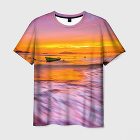 Мужская футболка 3D с принтом Закат на пляже в Санкт-Петербурге, 100% полиэфир | прямой крой, круглый вырез горловины, длина до линии бедер | Тематика изображения на принте: закат | лето | лодка на берегу | пляж