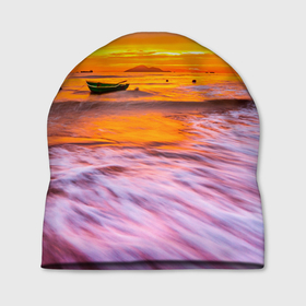 Шапка 3D с принтом Закат на пляже в Екатеринбурге, 100% полиэстер | универсальный размер, печать по всей поверхности изделия | закат | лето | лодка на берегу | пляж