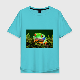 Мужская футболка хлопок Oversize с принтом Тропическая лягушка в Петрозаводске, 100% хлопок | свободный крой, круглый ворот, “спинка” длиннее передней части | зеленая лягушка | лягушка | тропики
