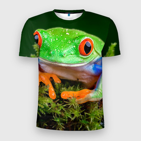 Мужская футболка 3D спортивная с принтом Тропическая лягушка в Курске, 100% полиэстер с улучшенными характеристиками | приталенный силуэт, круглая горловина, широкие плечи, сужается к линии бедра | Тематика изображения на принте: зеленая лягушка | лягушка | тропики