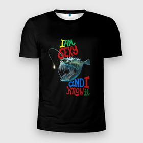Мужская футболка 3D спортивная с принтом я красотка в Кировске, 100% полиэстер с улучшенными характеристиками | приталенный силуэт, круглая горловина, широкие плечи, сужается к линии бедра | зубастик | морское чудовище | рыбалка | рыбёха | рыбка | рыболов | я красотка