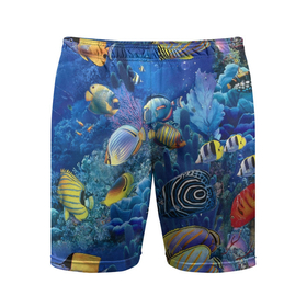 Мужские шорты спортивные с принтом Коралловые рыбки в Екатеринбурге,  |  | дно морское | коралловые | кораллы | море | подводный мир | рыбки