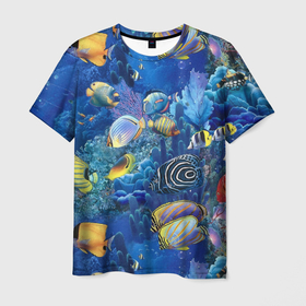 Мужская футболка 3D с принтом Коралловые рыбки , 100% полиэфир | прямой крой, круглый вырез горловины, длина до линии бедер | дно морское | коралловые | кораллы | море | подводный мир | рыбки