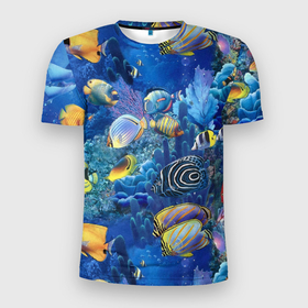 Мужская футболка 3D спортивная с принтом Коралловые рыбки в Петрозаводске, 100% полиэстер с улучшенными характеристиками | приталенный силуэт, круглая горловина, широкие плечи, сужается к линии бедра | Тематика изображения на принте: дно морское | коралловые | кораллы | море | подводный мир | рыбки
