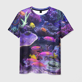 Мужская футболка 3D с принтом Коралловые рыбки в Курске, 100% полиэфир | прямой крой, круглый вырез горловины, длина до линии бедер | Тематика изображения на принте: дно морское | коралловые | кораллы | море | подводный мир | рыбки