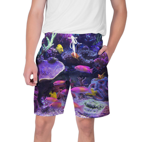 Мужские шорты 3D с принтом Коралловые рыбки ,  полиэстер 100% | прямой крой, два кармана без застежек по бокам. Мягкая трикотажная резинка на поясе, внутри которой широкие завязки. Длина чуть выше колен | дно морское | коралловые | кораллы | море | подводный мир | рыбки